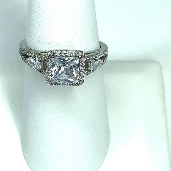 925 SS Square Pear Cubic Zirconia Ring & Band 10 - Picture 2 of 7
